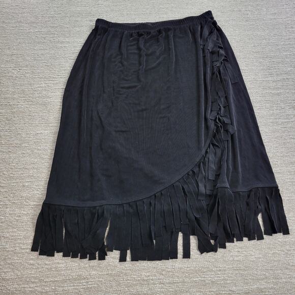 Chicos Travelers Fringe Skirt Womens XL Black Ribbed Faux Wrap Slinky Rodeo - Picture 6 of 10